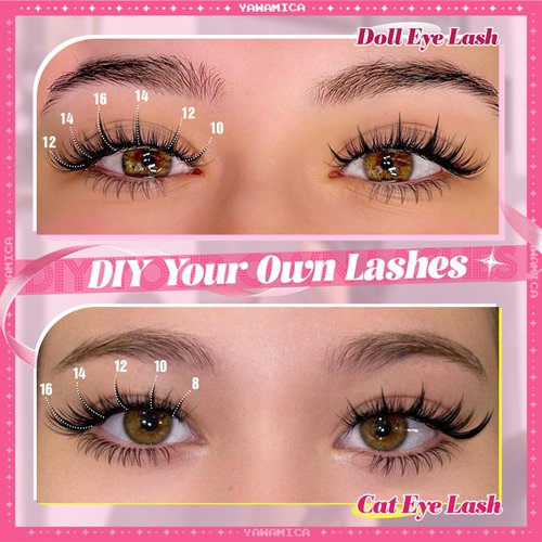 Yawamica Manga Lash Clusters DIY Eyelash Extensions Fairy Eyelash Clusters C Curl Spiky Anime Lashes Wispy Individual Lashes 8-16mm with 5-6mm Bottom Lashes Clusters for Manga Lash look