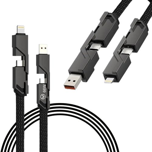 KRZNA 4 in 1 USB C to C Fast Charging Cable, iPhone Cords Fast Charging 66W Anti-Tangle Kevlar Braided Dual USB C Cable Combo Lightning/Type C/USB A Ports for iPhone 12/13/14/15/16 Pro/Max (Black)