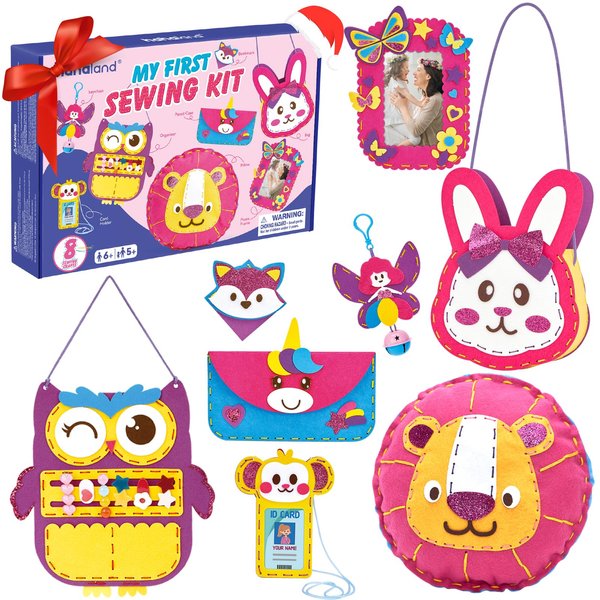 hahaland Sewing Kit for Kids Arts and Crafts Kids Sewing Kits Age 5-8, 8 Easy DIY Projects of Stuffed Animal Dolls Plush Pillow Craft Toys for Ages 5-7, Girl Birthday Gift Christmas Gift