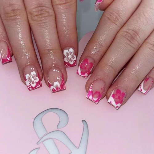 LBPEPAMZ White Hibiscus Flower Press on Nails Medium Square False Nails Nude Pink Glue on Nails Spring Summer Fake Nails Glossy Full Cover Fake Nails Kit for Women Daily Wear 24Pcs