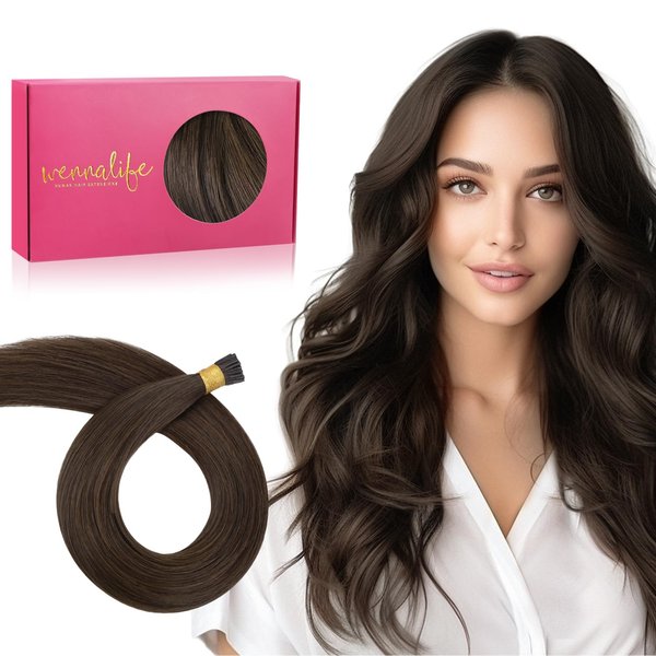 WENNALIFE I Tip Hair Extensions Human Hair, 50g 100s 14 Inch Chocolate Brown Remy Itip Human Hair Extensions Invisible Itips Straight I Tips Fusion Extensions Real Human Hair