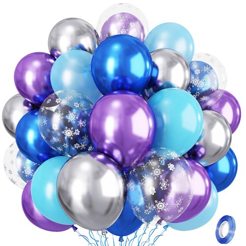 Frozen Balloons, Pastel Blue Metallic Purple Silver Balloon with Snowflake Latex Balloons, Frozen Birthday Party Decorations for Girls Birthday Baby Shower Winter Wonderland Christmas Party Supplies