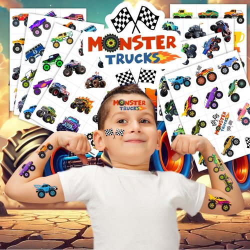 Monster Truck Temporary Tattoos for Kids, 96PCS Birthday Party Supplies Favors Super Cute Fake Tattoos Stickersfor Boys Party Decorations School Rewards Gifts