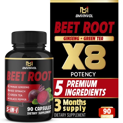 BMVINVOL Beet Root Capsules - Green Tea, Red Spinach, Ginseng, Black Pepper - 90 Count - 3 Month Supply