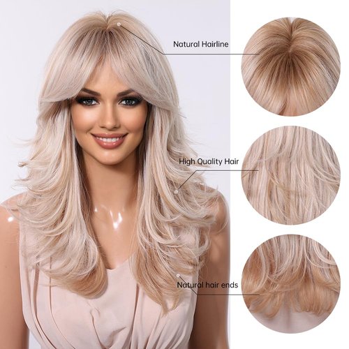 testar Shoulder Length Blonde Curly Wigs for White Women Platinum Wigs With Curtain Bangs Synthetic Heat Resistant Wavy Wigs for Women Daily Party Use