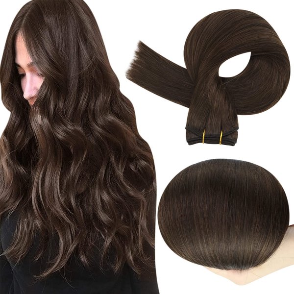 Full Shine Sew In Hair Extensions Short Hair Extensions Sew In Weft Extensions Dark Brown Human Hair Extensions Sew In Weft Hair Extensions Human Hair Double Weft Extensions 100G 14 Inch