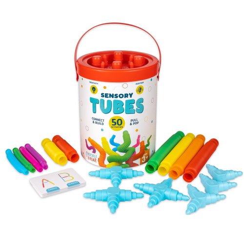Chuckle & Roar - Sensory Tubes - Fidget Sensory bin Toy for Kids - Construction Tubes with interconnecting Pieces - Learning Flash Cards - 16 Multi-Colored Tubes and connectors