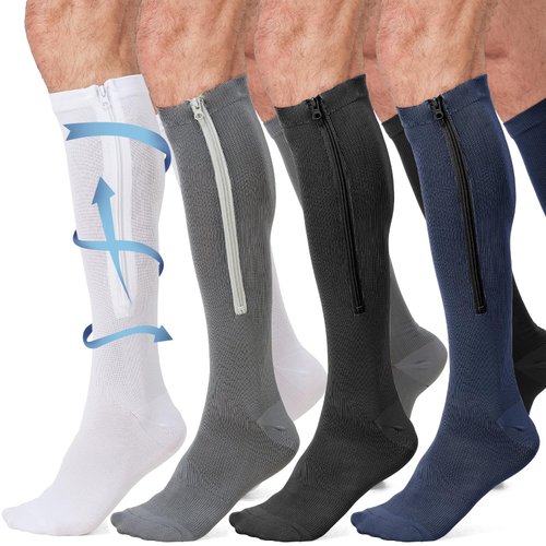 4 Pairs Men Zipper Compression Socks,Colorful 20-31mmhg Compression Stockings with Zipper for Men Women Swelling,Edema,Travel,Sports,Nursing