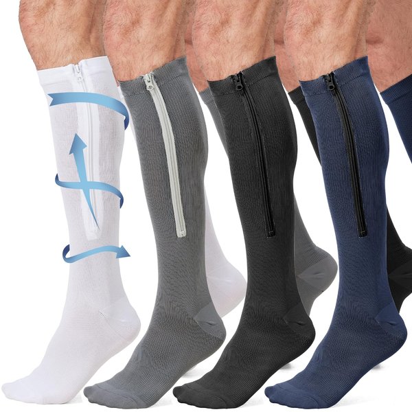 4 Pairs Men Zipper Compression Socks,Colorful 20-31mmhg Compression Stockings with Zipper for Men Women Swelling,Edema,Travel,Sports,Nursing