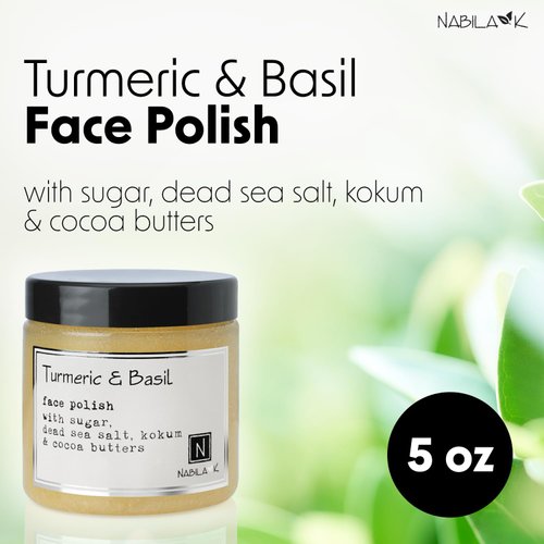 Nabila K - Turmeric & Basil Face Polish - Exfoliating Face Wash - For Acne & Dry Skin - Reduce Redness - Moisturizing & Nourishing Skin Care - Face Cleanser - Gentle for All Skin Types - Vegan - 5 oz