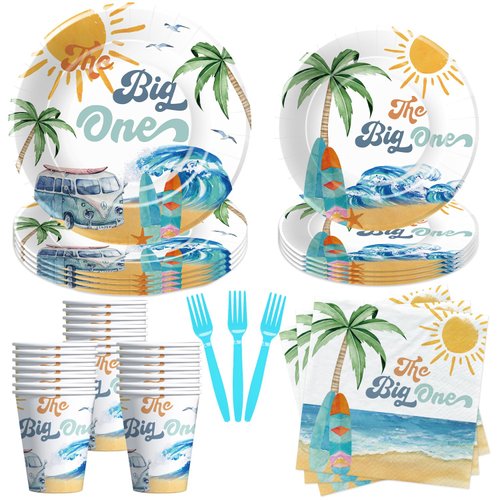 HIPVVILD The Big One Surf Birthday Decorations Tableware Boy, Surfing First Birthday Party Decorations, Plate, Cup, Napkin, Fork, Summer Beach Surf 1st Birthday Party Supplies | Serve 24