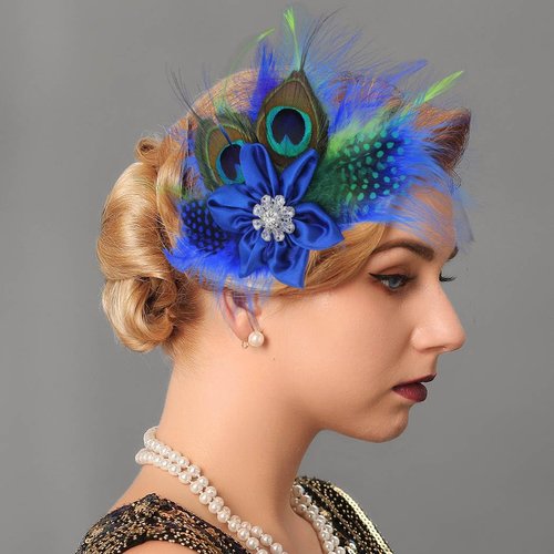 Yokawe Elegant Blue Peacock Hair Accessories with Crystal for Gatsby Party - Women's Feather Hair Clips