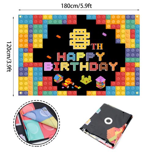 Happy 8th Birthday Banner Backdrop Colorful Building Blocks Theme Background Eight Years Old Happy Bday Decorations for Boys Girls Kids Photography Party Sign Sing Decor Supplies