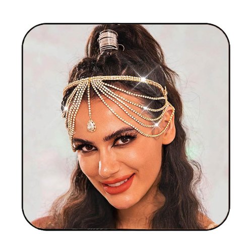 Sixexey Rhinestone Crystal Headband Sparkly Gold Hair Band Layered Tassel Wedding Party Hair Accessories for Women(Gold)