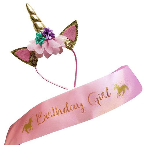 Marvs Store Unicorn Birthday Girl Set of Gold Glitter Unicorn Headband and Pink Satin Sash for Girls with eBook Included,Happy Birthday Unicorn Party Supplies, Favors and Decorations - 2022 New.