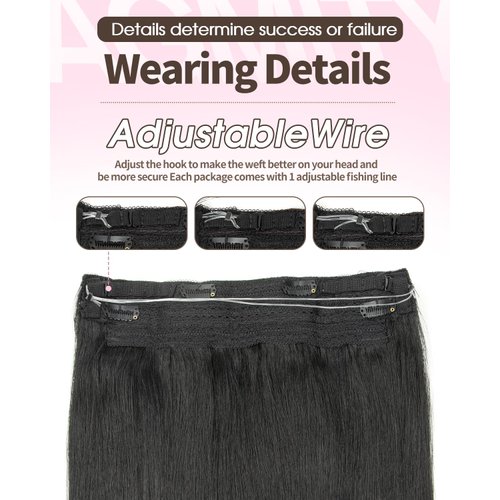 AGMITY Wire Hair Extensions Real Human Hair Jet Black 80g 16 Inch Straight invisible Removable Thick Fishing Line One Piece Clip in Extensions Human Hair(16 Inch #1 Jet Black）