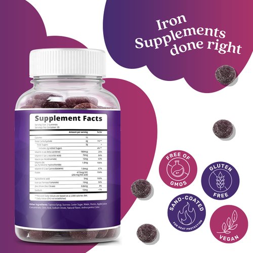 BeLive Iron Gummies - Multivitamin Iron Supplement with Vitamin C, A, B & Zinc, Supports Blood Oxygen, Vegan Iron Supplements for Women, Men & Kids for Growth and Development - Grape Flavor | 1-Pack