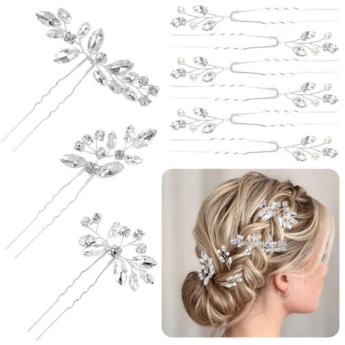 9 Pieces Bride Hair Pins, Rhinestone Hair Accessories for Women, Pearl Crystal Wedding Hair Pieces for Brides, Vintage Hair Jewelry for Bridesmaids Flower Girls Party (Silver)