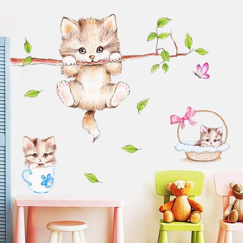 Kiddale Cute Cat Wall Decals,Removable Cat Tree Branches Butterfly Wall Stickers for Kids Rooms Nursery Playroom Home Decoration