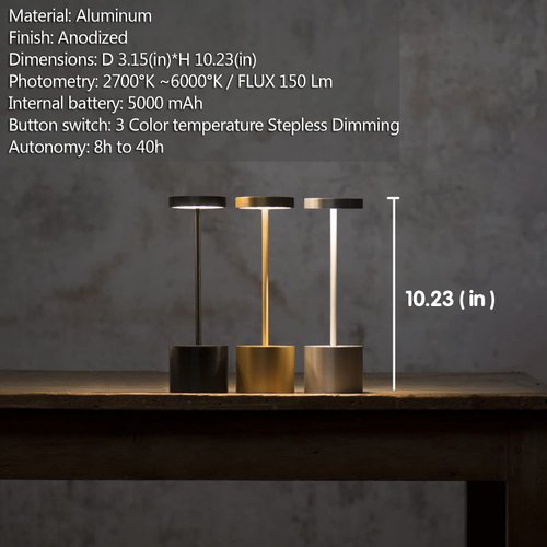 SAKRINGT Cordless LED Table Lamp,5000mAh Rechargeable Battery Powered Desk Lamp,3-Levels Brightness Stepless dimming Metal Table Light for Outdoor/Restaurant/Bedroom/Home/Coffee Bars Table(Gold)