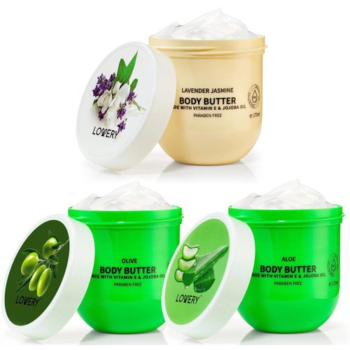 Whipped Body Butter Creams in Aloe, Olive, Lavender Jasmine Scents, Ultra-Hydrating Shea Enriched with Jojoba Oil & Vitamin E, Natural Skin Moisturizer for Men & Women, Normal to Dry Skin, 3pc