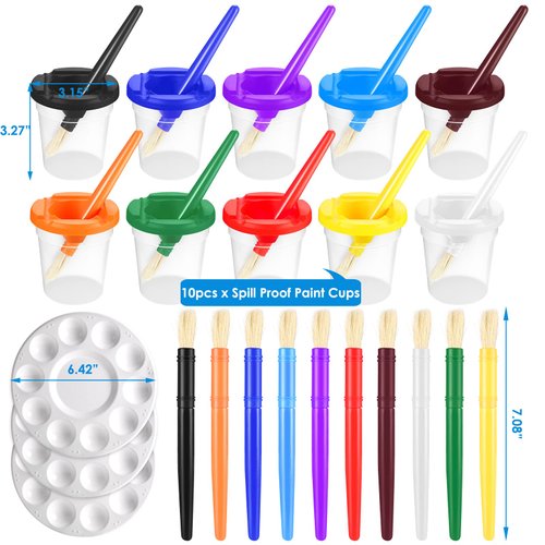 Homkare Paint Cups with Lids for Kids, No Spill Paint Cups with Lids, Paint Container with Lids Including Toddler Paint Brushes & Palette Tray (Pack of 23)