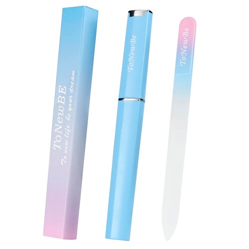 Glass Nail File in Case, Crystal Nail File, Glass Fingernail File, Czech Glass File, Double-Sided Etched Glass Nail File for Nail Art & Nail Care, Christmas Gifts Stocking Stuffers (Pink-Blue)