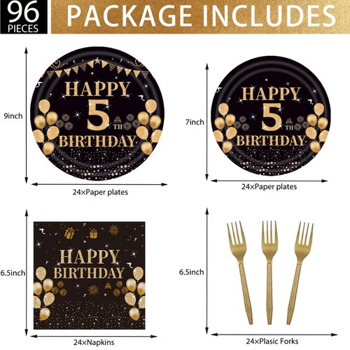 EMrups 96PCS 5th Birthday Party Plates Set Black and Gold Theme Decorations Include Black Gold Plates and Napkins Forks for 5 Year Old Boys Girls Birthday Party Supplies Serves 24 Guests
