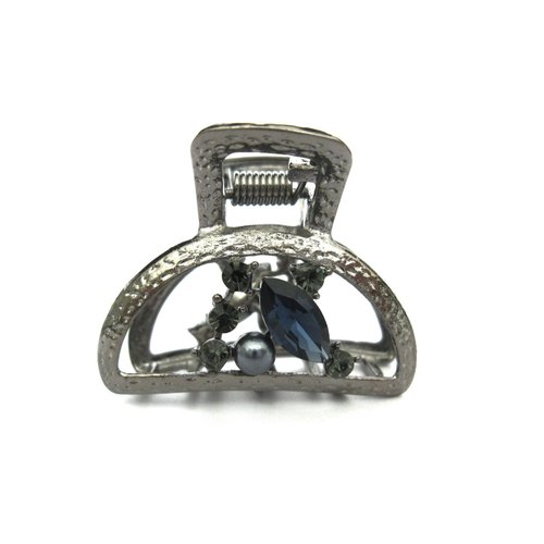 Small round dark silver metal blue crystal gray pearl hair claw clip