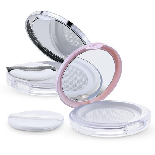 longway Loose Powder Compact Container Empty Portable Plastic DIY Makeup Powder Case, 5g Slim Powder Box with Powder Puff ,Mirror and Elasticated Net Sifter (2pcs,pink+sliver)
