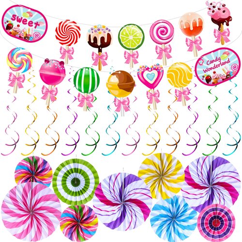 Outus 22 Pcs Candy Party Decorations Paper Fans Candy Hanging Swirls Colorful Lollipop Banner for Garland Ceilings Candyland Theme Kids Birthday Party Supplies