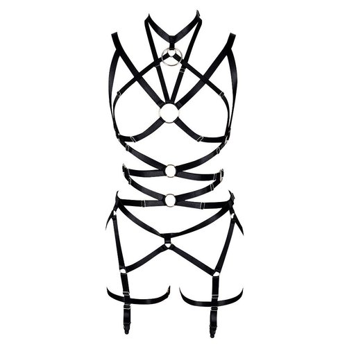 PETMHS Women's Punk Cut Out Harness Body Full Strappy Lingerie Waist Garter Belts Set Elasticity Bralette Goth EDC Halloween Club Party Dance Rave Wear (Black)