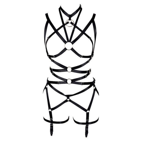 PETMHS Women's Punk Cut Out Harness Body Full Strappy Lingerie Waist Garter Belts Set Elasticity Bralette Goth EDC Halloween Club Party Dance Rave Wear (Black)
