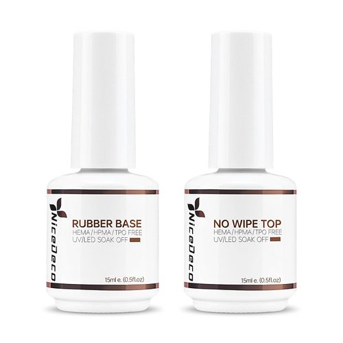 Nicedeco Hema Free Clear Rubber Base Gel Polish and No Wipe Gel Top Coat Cruelty Free Vegan Glossy Shinny Gel Nail Polish