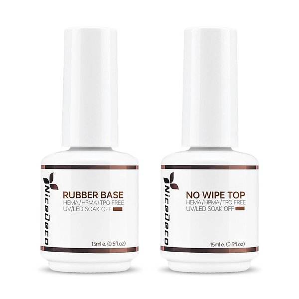 Nicedeco Hema Free Clear Rubber Base Gel Polish and No Wipe Gel Top Coat Cruelty Free Vegan Glossy Shinny Gel Nail Polish
