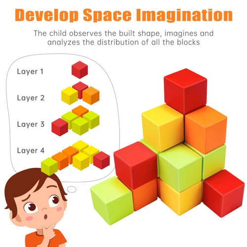 NiToy Wooden Cube Toy 16PCS Building Blocks for Kids 40 Pattern Cards and Storage Pouch, 4 Colors 3D Space Stacking Game STEM Educational Preschool Learning Sensory Toy Counting Math Color Cognition