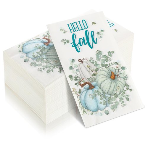 Yeaqee 200 Pcs Thanksgiving Napkins Fall Pumpkin Paper Guest Towels 2 Ply Decorative Leaf Napkins Disposable Bathroom Napkins Disposable Hand Towel for Kitchen Harvest Party Dinner (Eucalyptus Leaf)