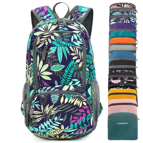 FENGDONG 35L Lightweight Foldable Waterproof Packable Travel Small Hiking Backpack Daypack for men women (A7-Blue Leaf-Upgrade)