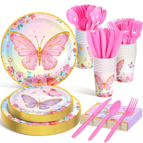 Meanplan Serves 24 Guests Butterfly Fairy Plates and Napkins Birthday Baby Shower Party Decoratio...