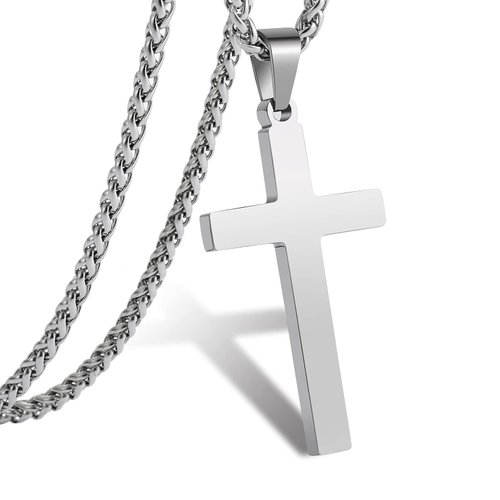 RS Silver Cross Necklace for Men Boys Stainless Steel Pendant Chain Religious Christian Baptism Catholic Confirmation Gifts Jewelry Teen Teenage Son Him