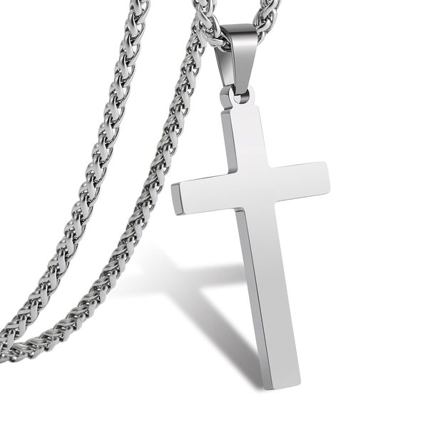 RS Silver Cross Necklace for Men Boys Stainless Steel Pendant Chain Religious Christian Baptism Catholic Confirmation Gifts Jewelry Teen Teenage Son Him