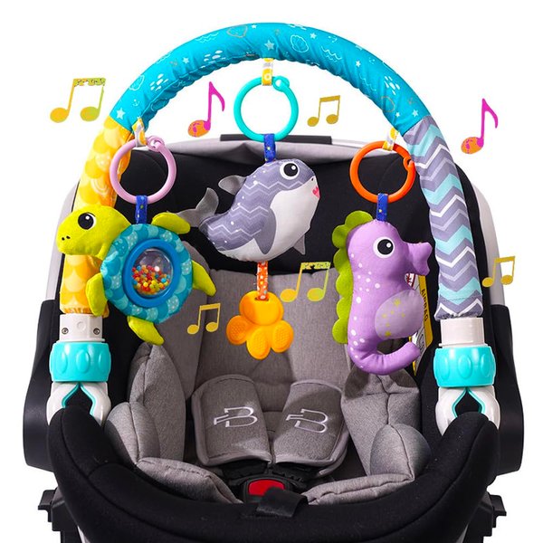 Baby Stroller Arch Toy, Clip On Arch Mobile for Bassinet with Universal Clamps, Activity Toy Bar for Baby Bouncer Musical Crib Mobile Toys for Infants Baby Car Seat Toys Rattle Turtle Music Whale