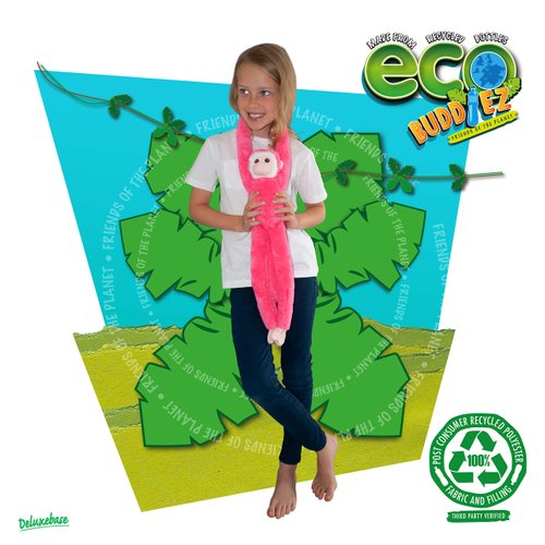 EcoBuddiez Tree Huggers - Pink Squirrel Monkey from Deluxebase. Hanging Stuffed Animals Made from Recycled Plastic Bottles. Eco-Friendly Cuddly Plush Toy and Perfect Cuddly Gift for Kids