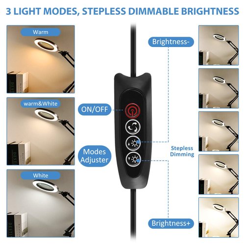 LANCOSC 5X Magnifying Glass with Light and Stand, 3 Color Modes Stepless Dimmable, 8-Diopter Glass Lens, Adjustable Swivel Arm, LED Magnifier Desk Lamp for Close Work, Repair, Crafts, Reading - Black