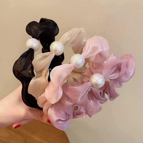Varsik 4 Pcs Multicolor Organza Fashion Headband Elegant Pleated Pearl Hair Band for Women Girls