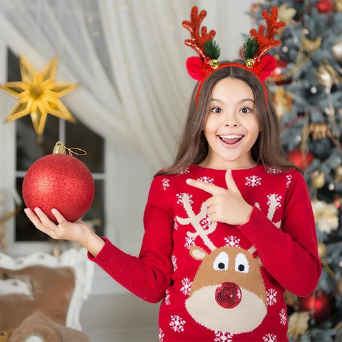 Christmas Deer Antlers Headband - 1pc Red Sparkling Reindeer Antler Christmas Headband with Jingle Bells Cute & Sweet Holiday Hair Accessory Antler Headbands Deer Costume for Women Xmas Cosplay Party