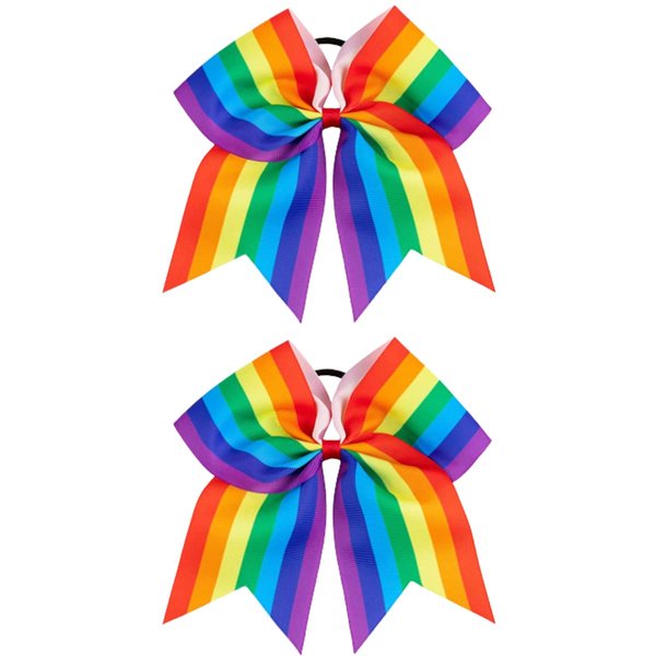Rainbow Cheer Bows 8 Inch Jumbo Cheerleader Bows Ponytail Holder Cheerleading Bows Hair Tie Gay Pride Day Cheer Bows Hair Accessories for School Girls Women 2 Pack