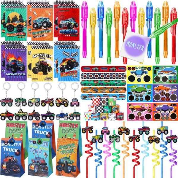 Winrayk Monster Truck Party Favors Kids Birthday Supplies, Invisible Ink Pen Notebook Straw Gift Bag DIY Sticker Keychain Slap Bracelet, Pinata Filler Goody Stuffer Game Boys Monster Truck Party Decor
