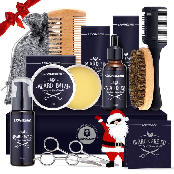 Lionmane Beard Care Christmas Gifts Kit for Men, Beard Mustache Grooming Kit-Beard Balm, Beard Wash, Beard Oil, Brush, Scissors, Birthday Anniversary Thanksgiving Gifts for Husband/Boyfriend/Dad/Him