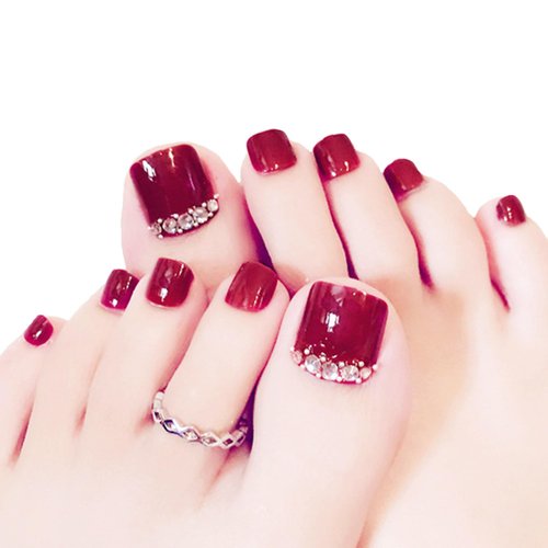 RODAKY Press on Toenails for Women Red Rhinestone False Nail for Toe Full Cover Fake Toenail Fash...
